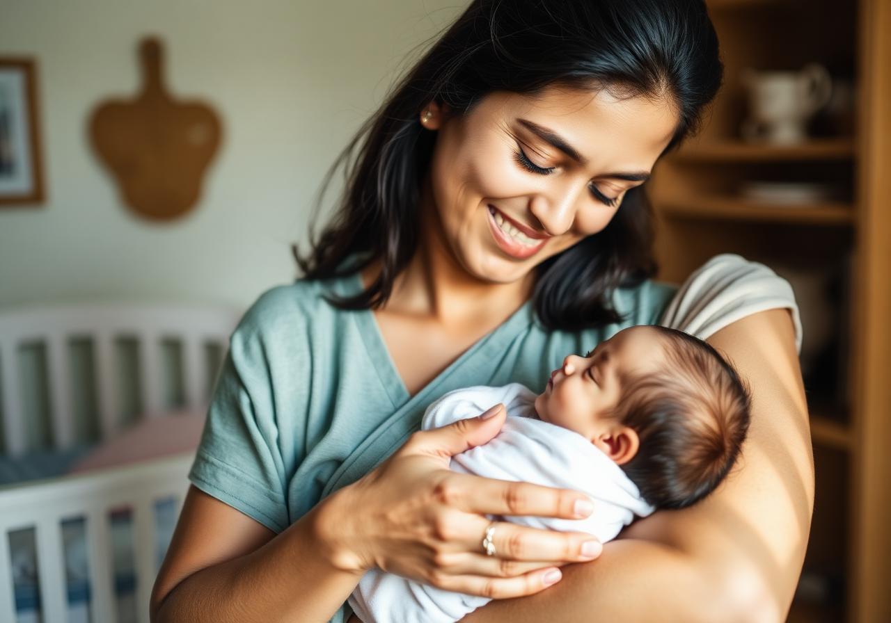 Mother holding sleeping newborn baby